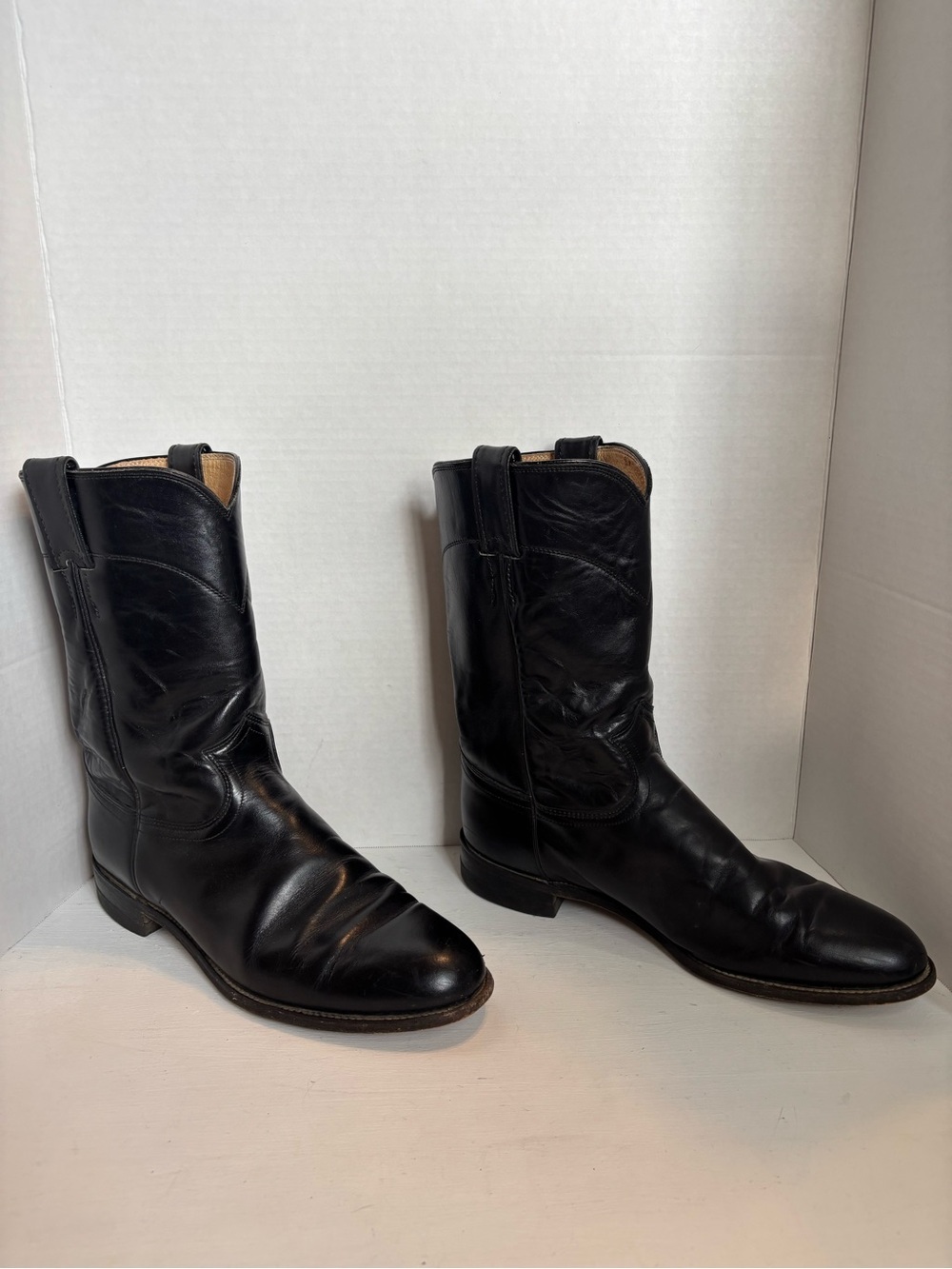 Justin Boots Roper Cowboy Western Mid Calf Black Leather Pull On Mens 9.5 C